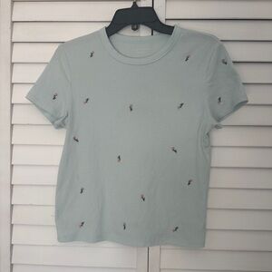 American Eagle Blue Hey Baby Ribbed Tee Crewneck Top Short Sleeve Floral Aerie